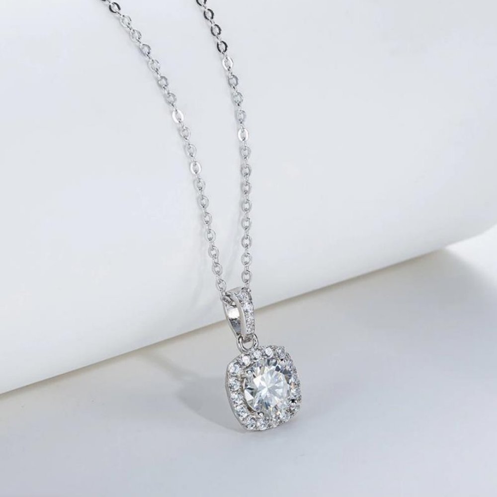 Certified 1ct. t.w. Moissanite Diamond Square Halo Pendant Necklace NEW - Picture 6 of 15